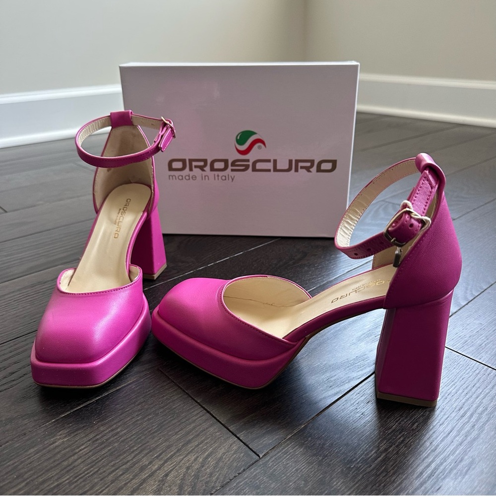 Oroscuro Italian Leather Fuchsia Pink Ankle Strap Block Heel Platform Shoes